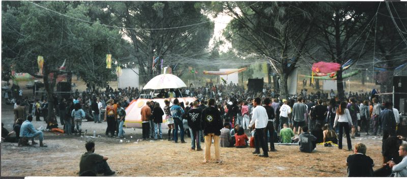 Panoramic view of the Boom Festival site at dusk