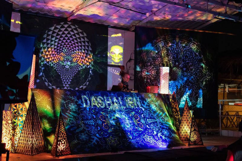 A DJ playing a psytrance set at Ashwem, Goa